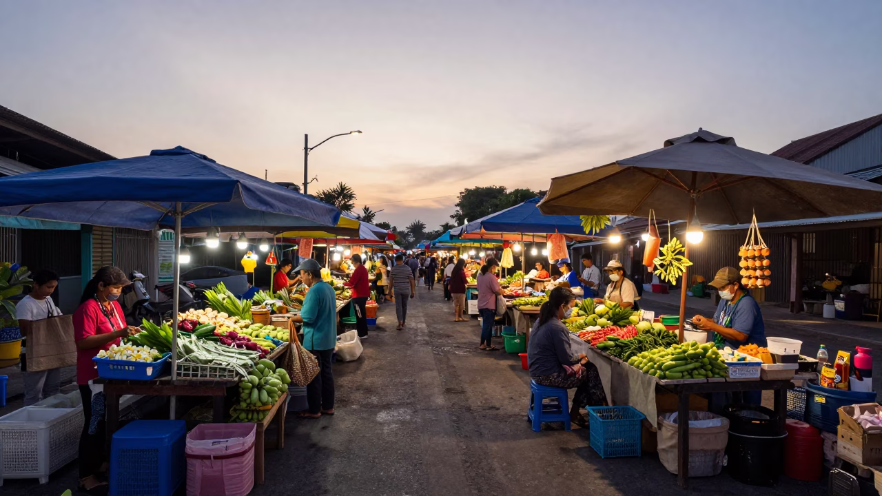 Busy Morning Market Stall in Phuket Thailand at Dawn with Frangipani and Watering Can in in Phuket, Thailand