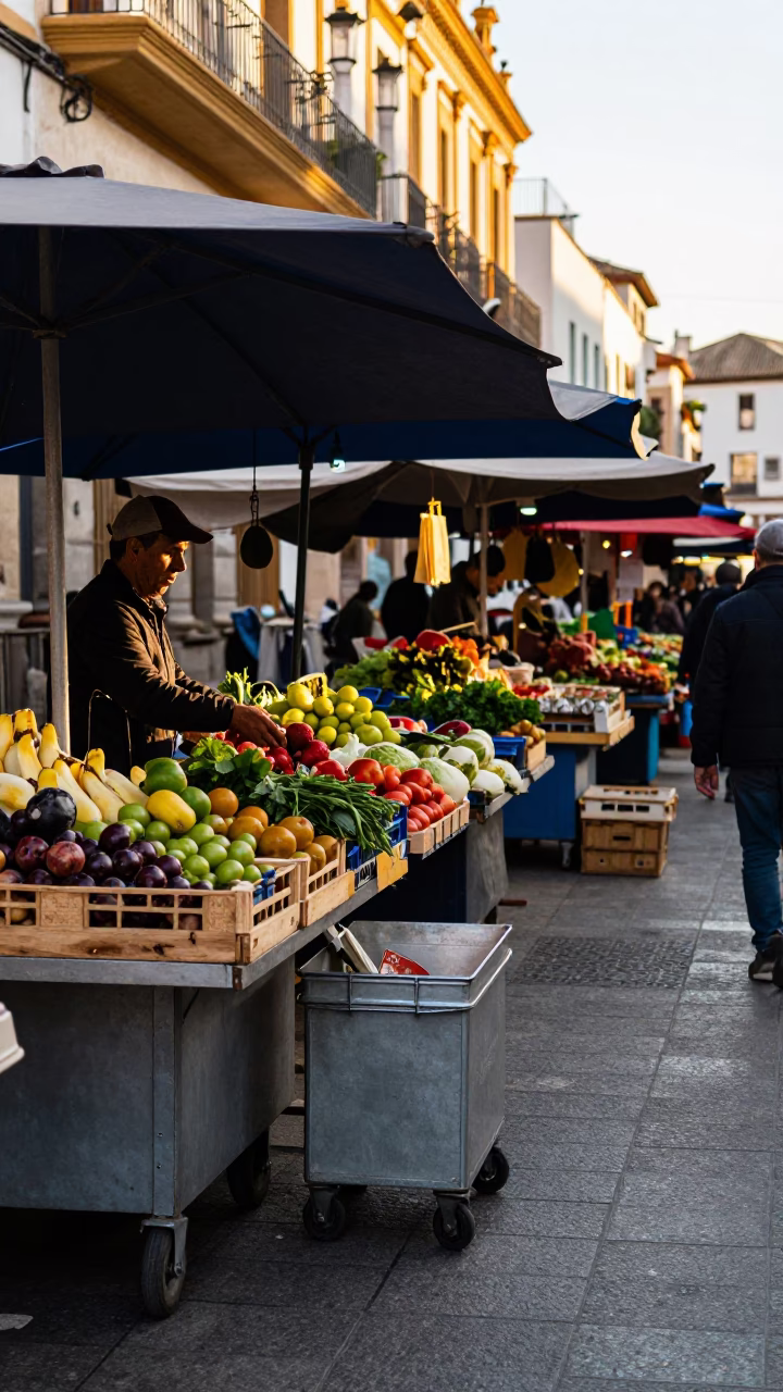 Busy Morning Market Stall with Rolling Carts and Geraniums in Valencia in in Valencia, Spain