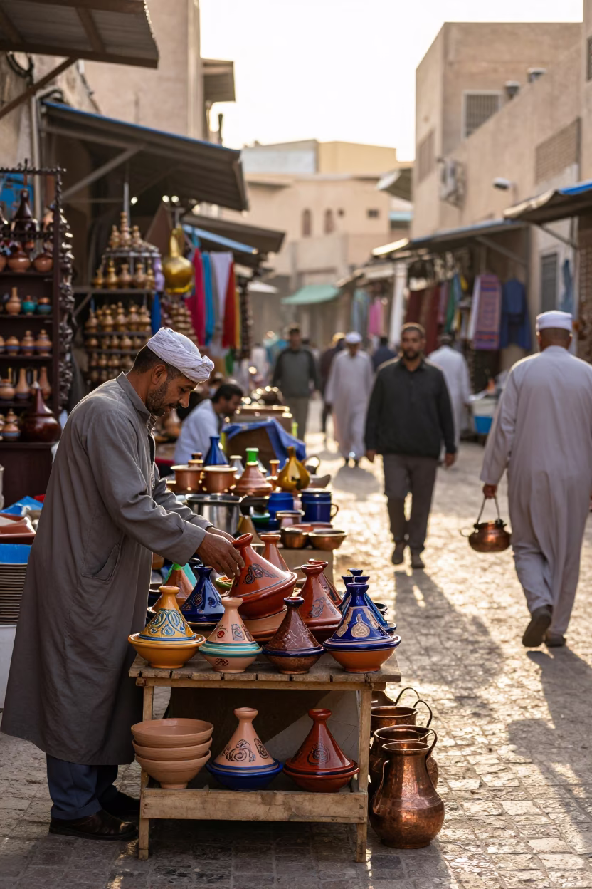 Busy Morning Market Street Scene in Fez Morocco with Traditional Pottery and Daily Life in in Fez, Morocco