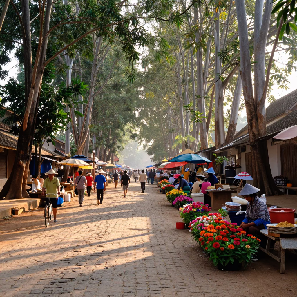 Busy Morning Market Street Scene in Luang Prabang Laos at First Light in in Luang Prabang, Laos