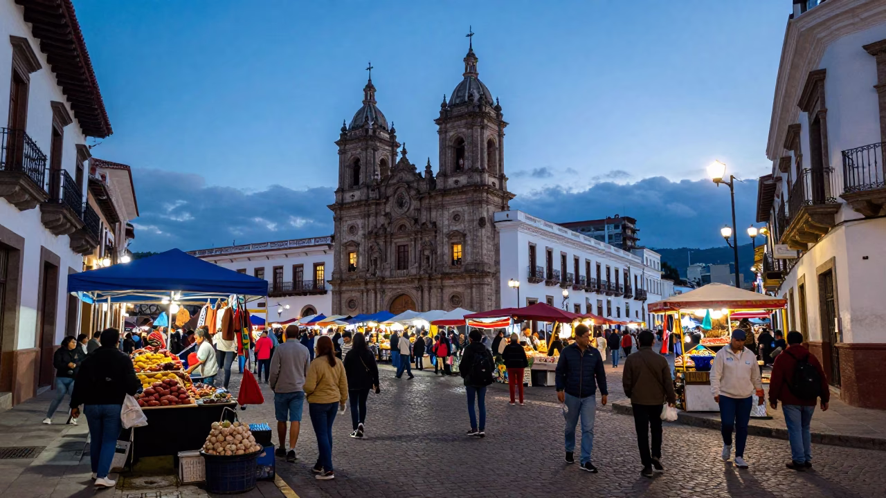 Busy Morning Market Street Scene in Quito Ecuador at Nautical Dawn in in Quito, Ecuador