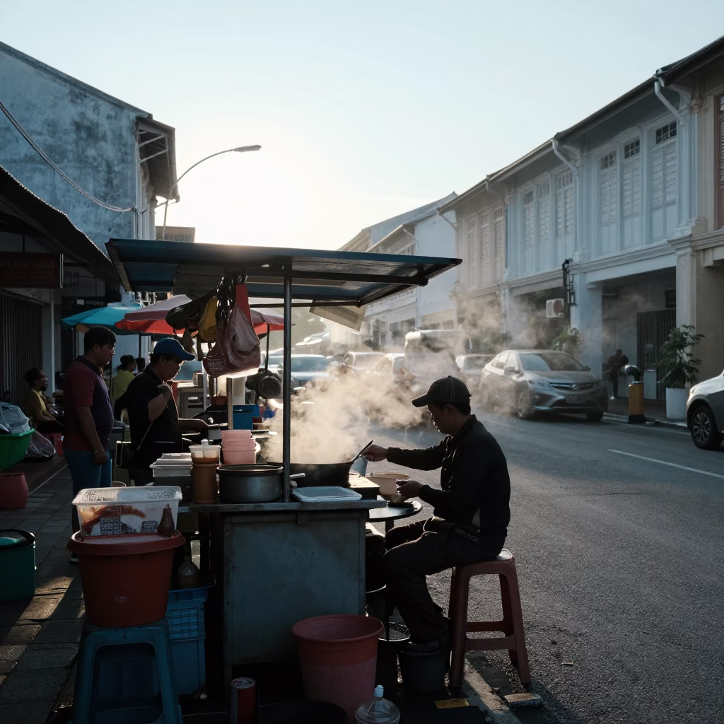 Busy Morning Street Food Stall in George Town Malaysia Early Light in in George Town, Malaysia