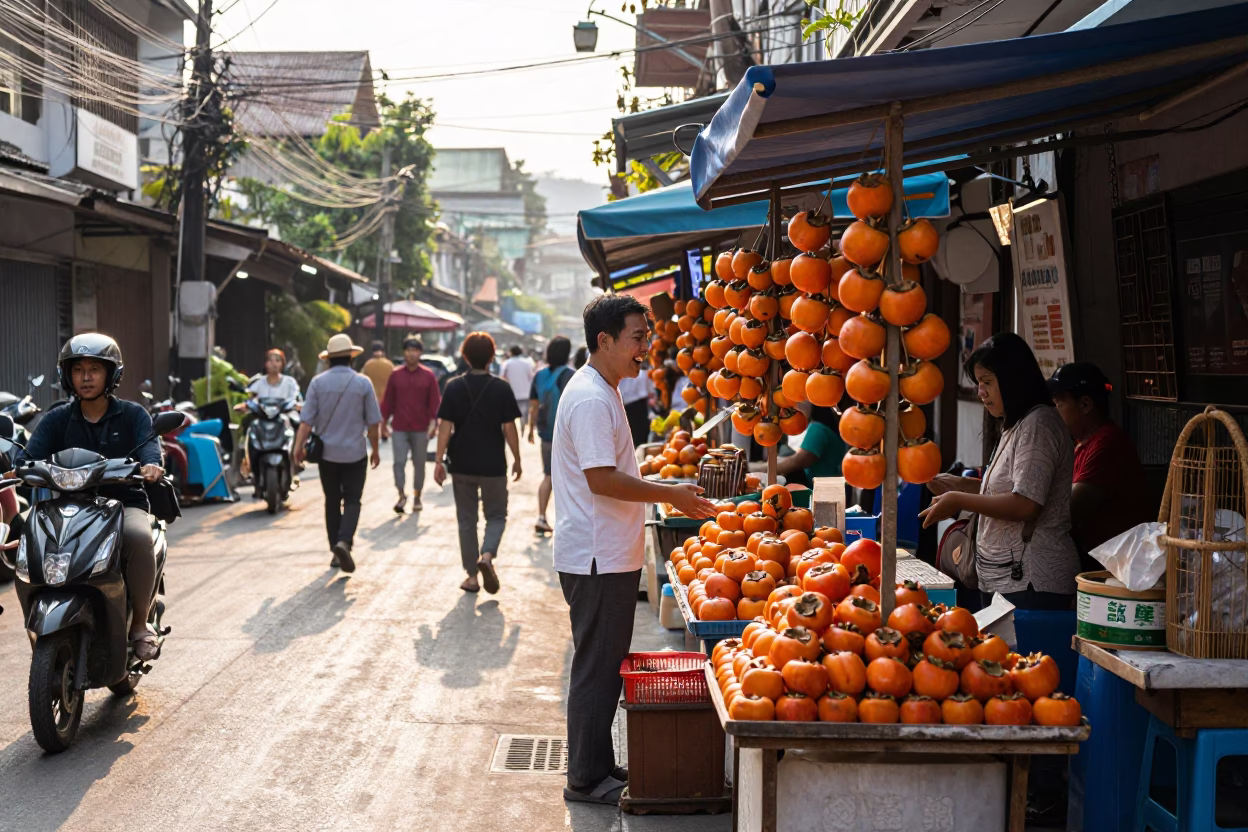 Busy Morning Street Scene in Chiang Mai Thailand with Fresh Persimmons and Local Commerce in in Chiang Mai, Thailand