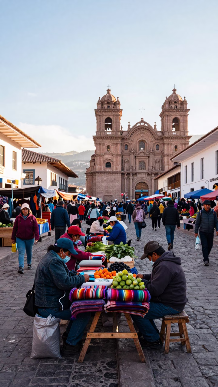 Busy Morning Street Scene in Cusco Peru with Local Market Activity and Traditional Architecture in in Cusco, Peru