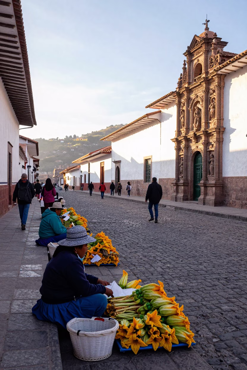 Busy Morning Street Scene in Cusco Peru with Local Vendors and Colonial Architecture in in Cusco, Peru