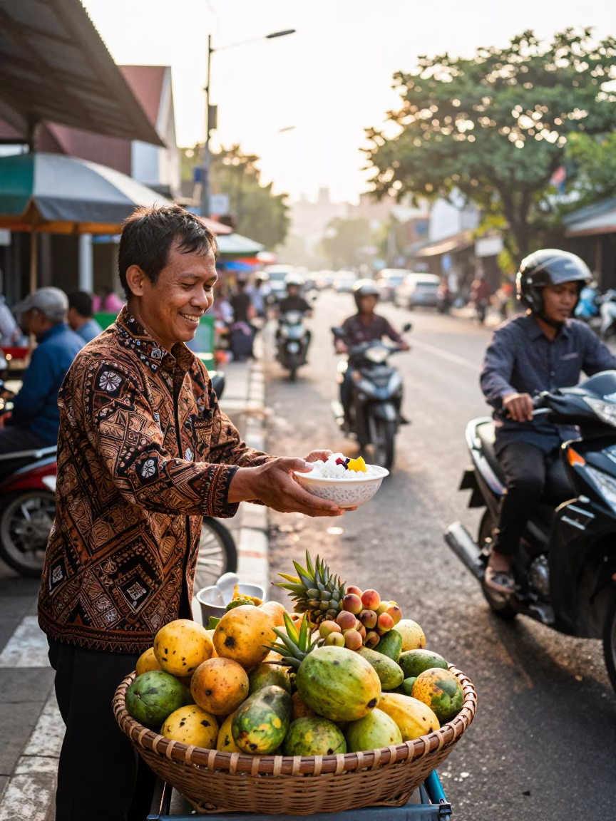 Busy Morning Street Scene in Denpasar Indonesia with Local Breakfast Vendor and Wicker Hamper in in Denpasar, Indonesia
