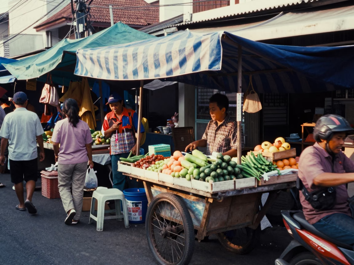 Busy Morning Street Scene in Denpasar Indonesia with Local Market Activity in in Denpasar, Indonesia