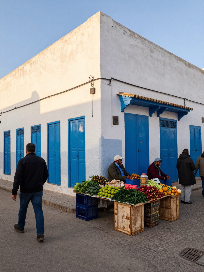 Busy Morning Street Scene in Essaouira Morocco with Blue Doors and Local Commerce in in Essaouira, Morocco
