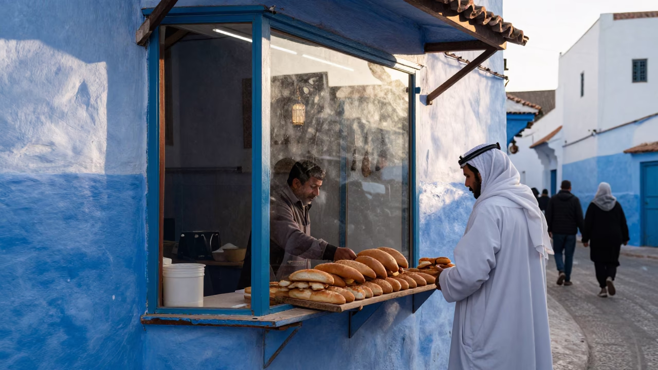 Busy Morning Street Scene in Essaouira Morocco with Clear Glass Window and Local Activity in in Essaouira, Morocco