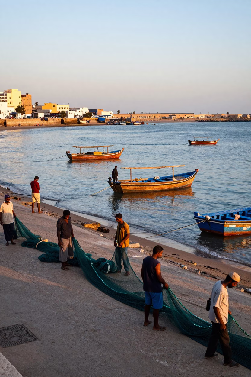 Busy Morning Street Scene in Essaouira Morocco with Dhow Boats and Local Market Activity in in Essaouira, Morocco