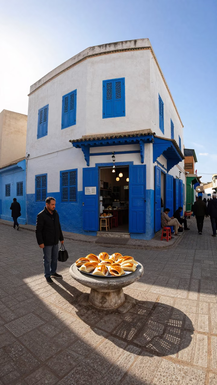 Busy Morning Street Scene in Essaouira Morocco with Traditional Pastilla and Wicker Shadows in in Essaouira, Morocco