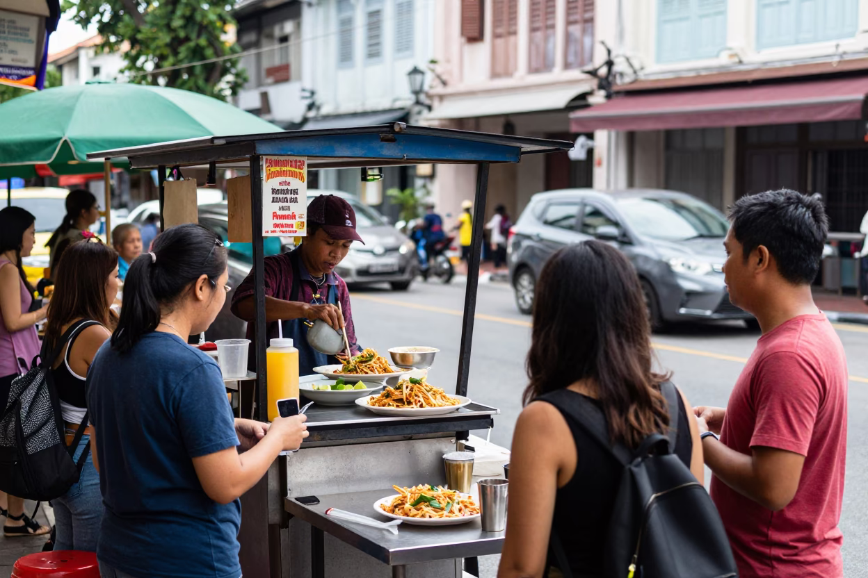 Busy Morning Street Scene in George Town Malaysia with Food Stall and Pedestrians in in George Town, Malaysia