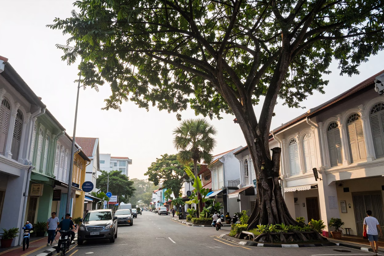 Busy Morning Street Scene in George Town Malaysia with Kapok Tree and Tropical Orchids in in George Town, Malaysia