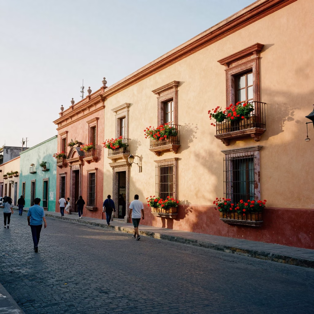 Busy Morning Street Scene in Guadalajara Mexico with Window Boxes and Early Light in in Guadalajara, Mexico