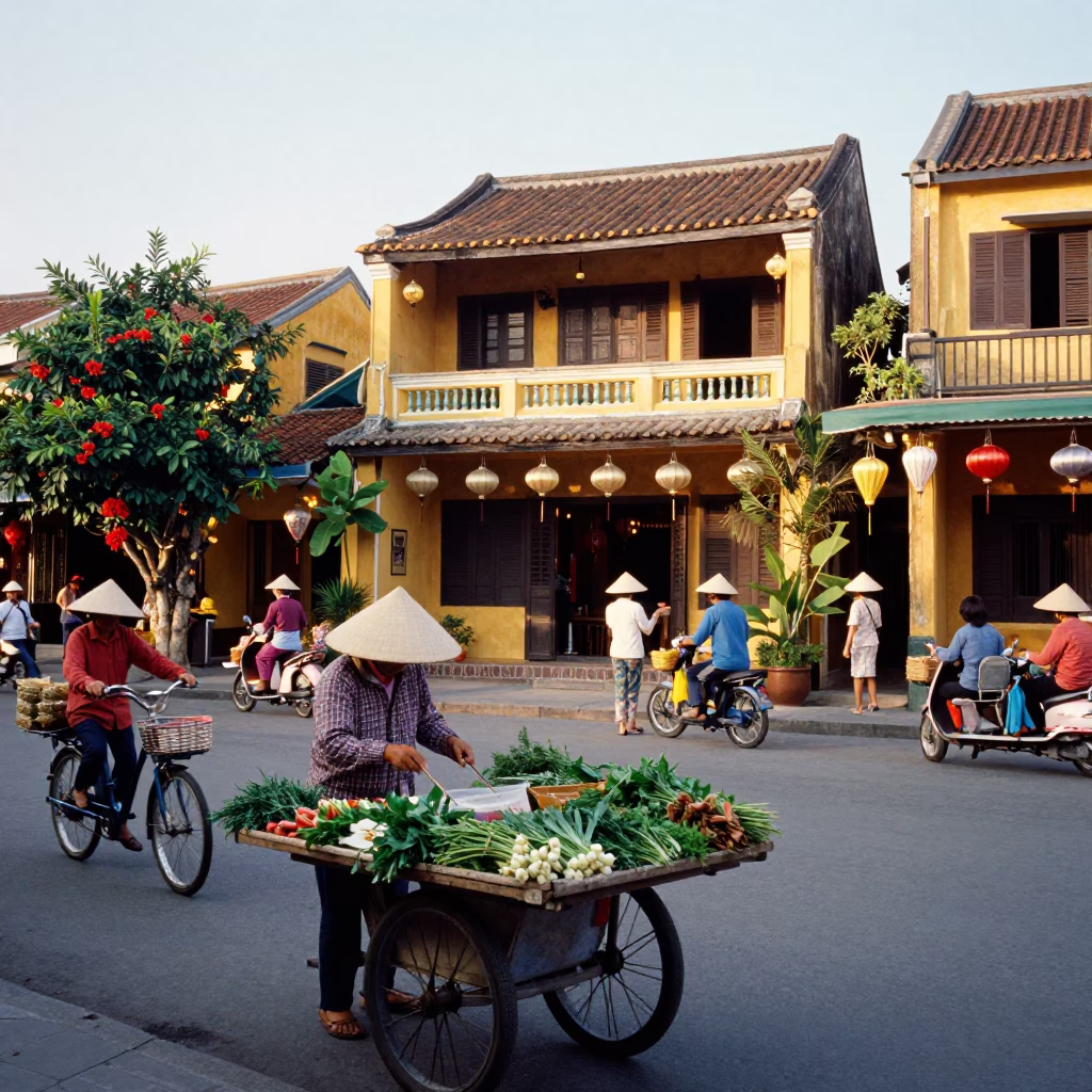 Busy Morning Street Scene in Hoi An Vietnam with Lanterns and Daily Life in in Hoi An, Vietnam