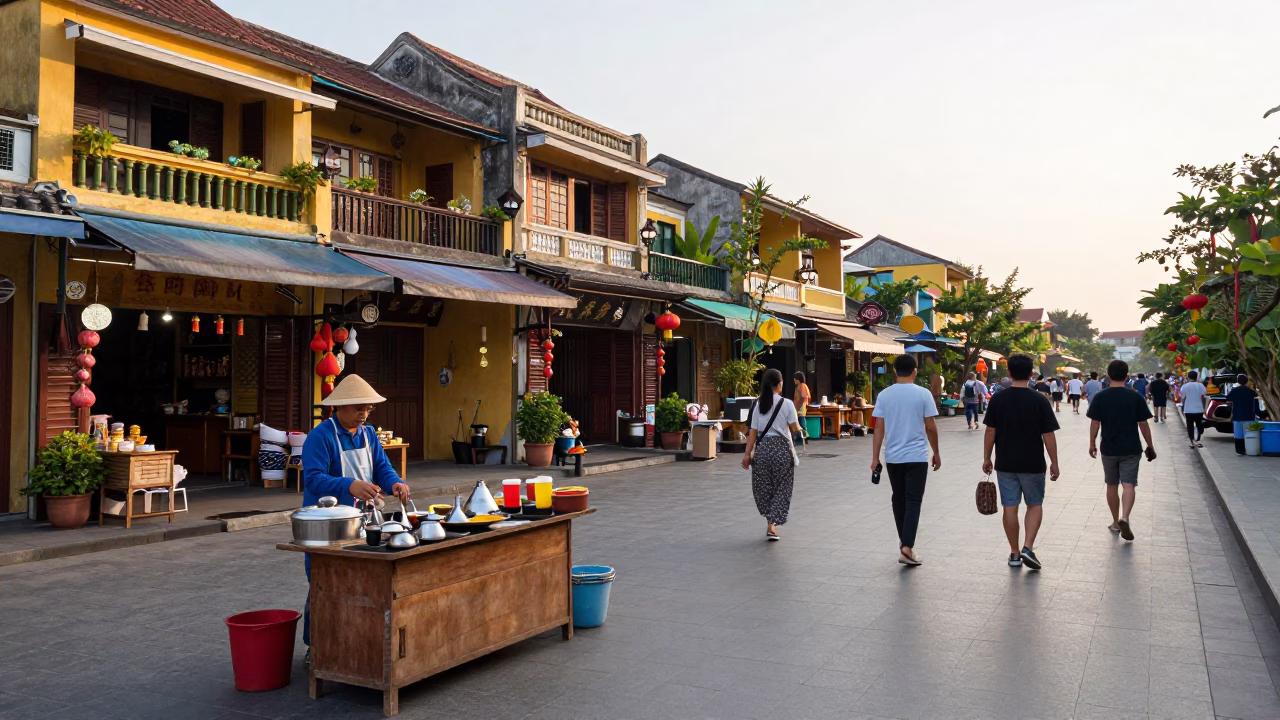 Busy Morning Street Scene in Hoi An Vietnam with Pedestrians and Shopfronts in in Hoi An, Vietnam