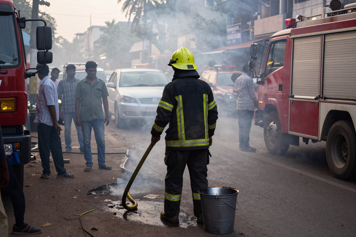 Busy Morning Street Scene in Kochi India with Firefighter and Grease Stains in in Kochi, India
