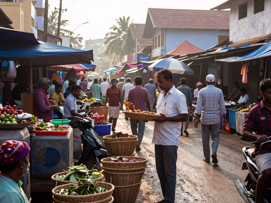 Busy Morning Street Scene in Kochi India with Local Market Activity and Traditional Elements in in Kochi, India