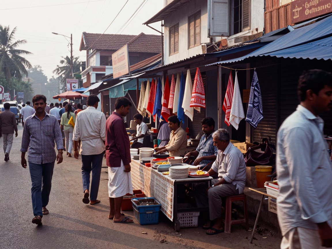 Busy Morning Street Scene in Kochi India with Tea Towels and Local Commerce in in Kochi, India