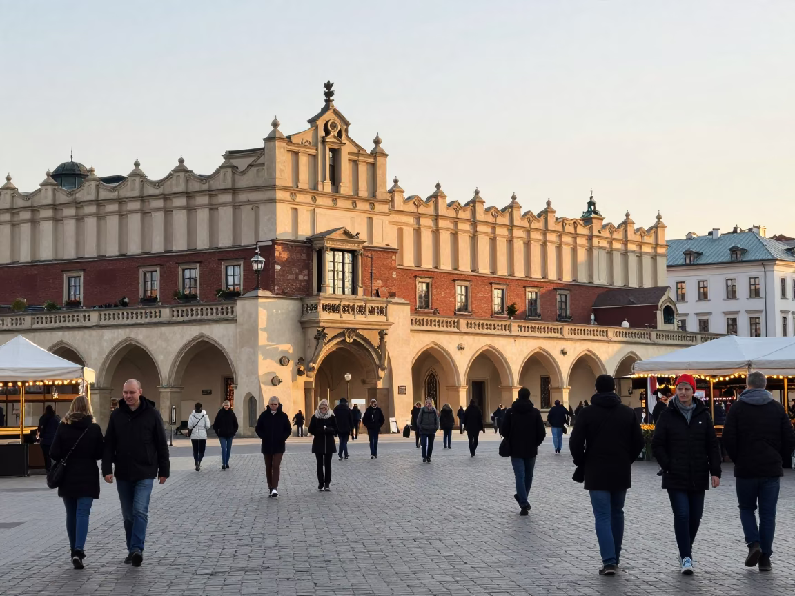 Busy Morning Street Scene in Krakow Poland Near Main Market Square After Sunrise in in Krakow, Poland