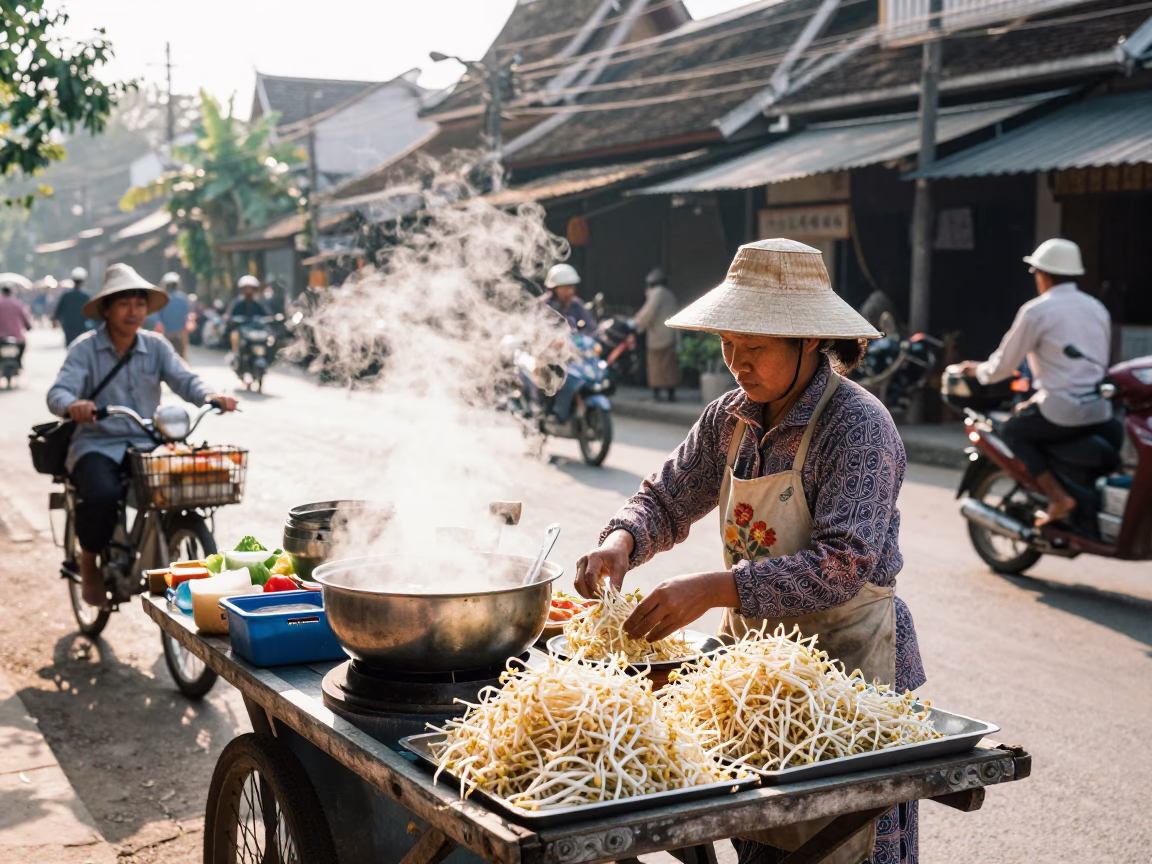 Busy Morning Street Scene in Luang Prabang Laos with Local Food and Daily Life in in Luang Prabang, Laos