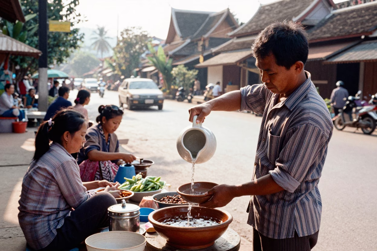 Busy Morning Street Scene in Luang Prabang Laos with Local Vendor and Traditional Architecture in in Luang Prabang, Laos