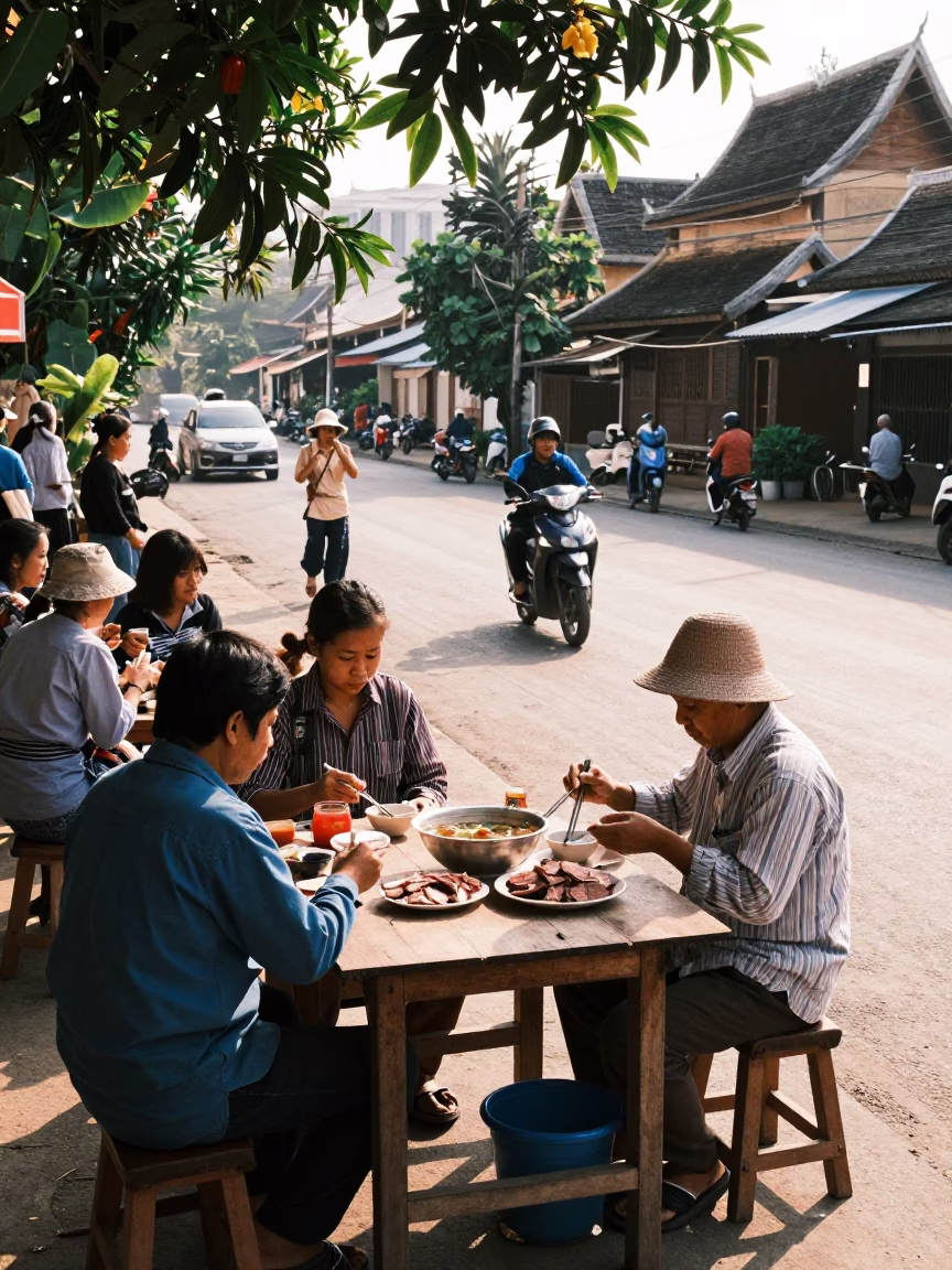 Busy Morning Street Scene in Luang Prabang Laos with Pho Tai and Daily Life in in Luang Prabang, Laos