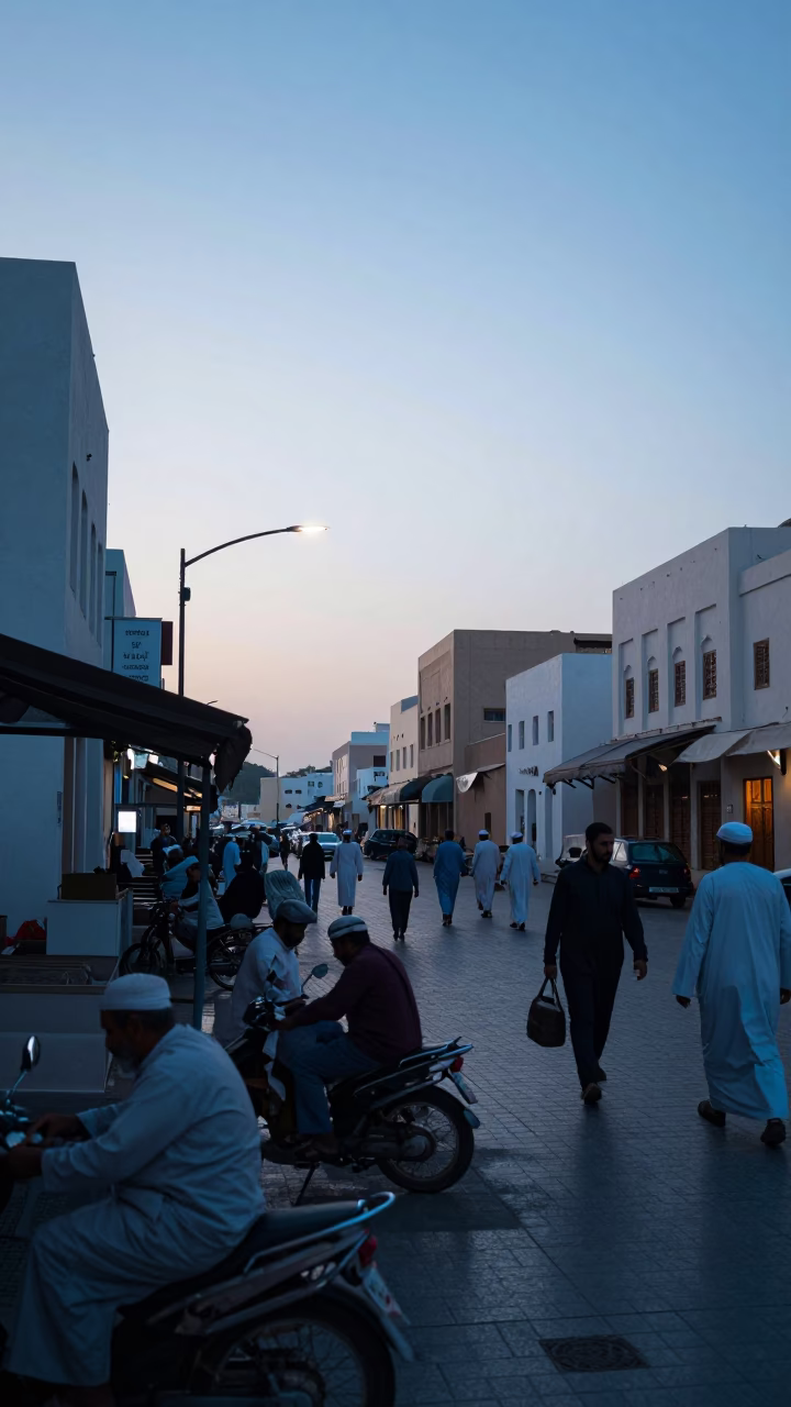Busy Morning Street Scene in Muscat Oman Before Sunrise with Local Market Activity in in Muscat, Oman