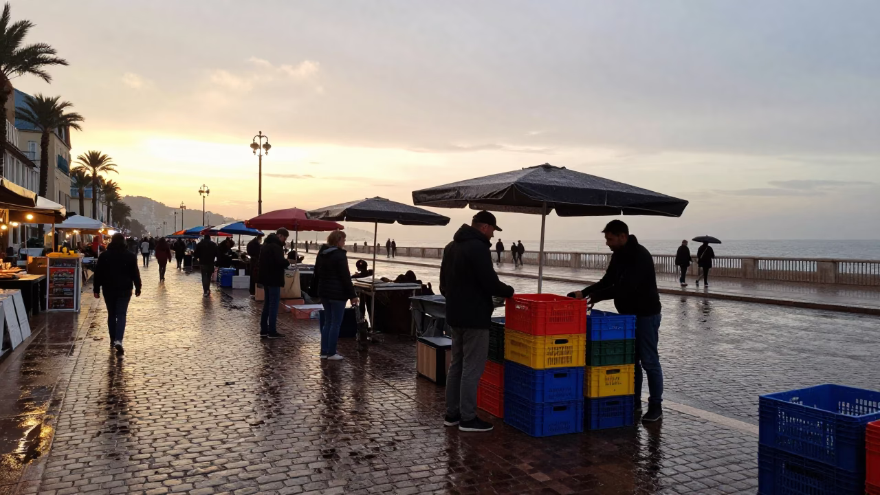 Busy Morning Street Scene in Nice France at Dawn with Rain Boots and Cobblestones in in Nice, France