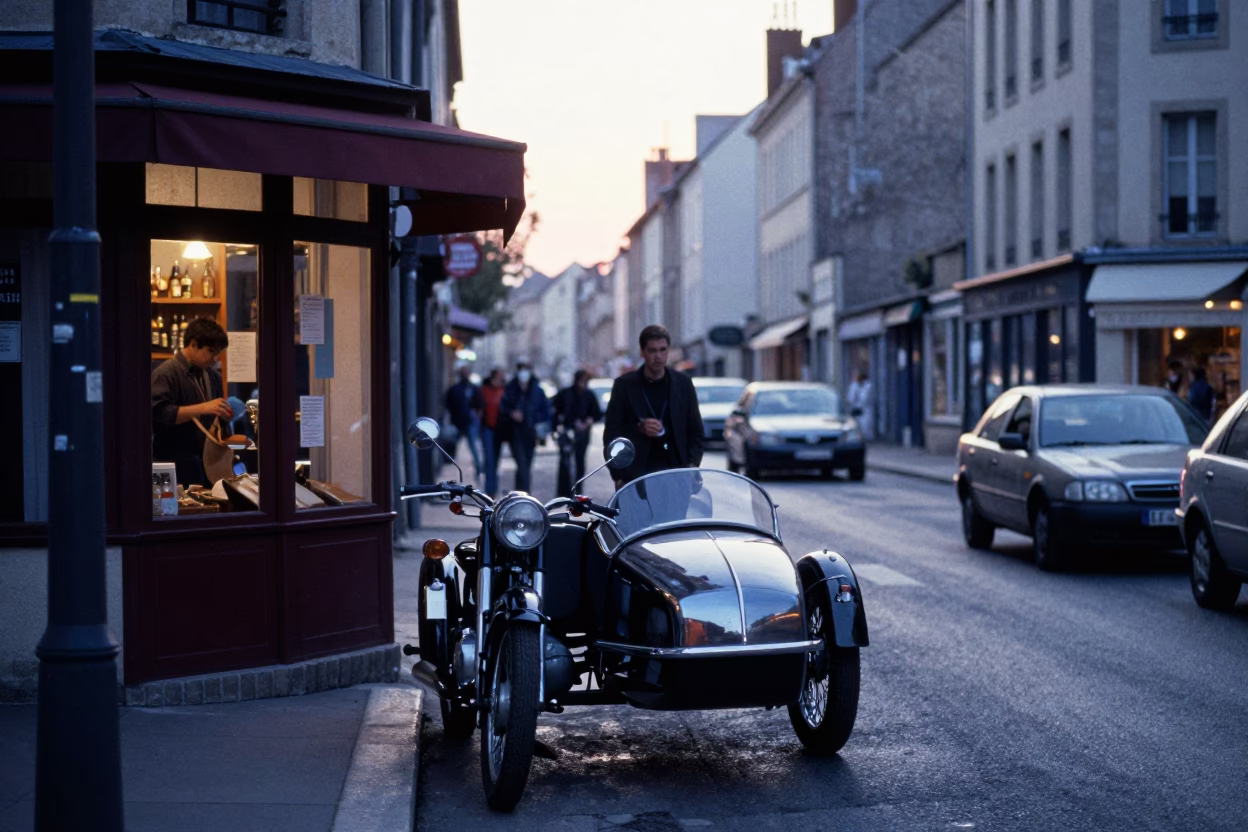 Busy Morning Street Scene in Nice France Before Sunrise with Vintage Motorcycle in in Nice, France