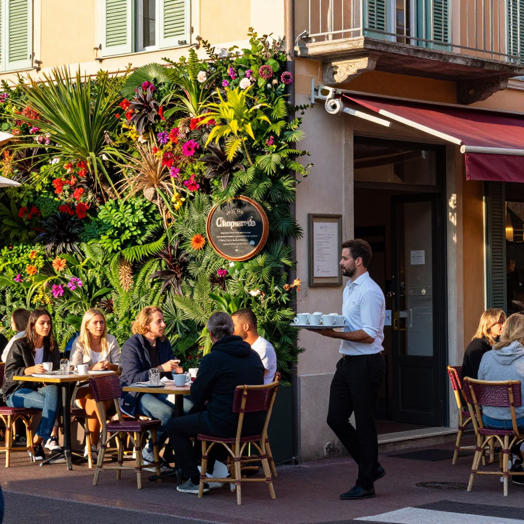 Busy Morning Street Scene in Nice France with Living Wall and Early Light in in Nice, France