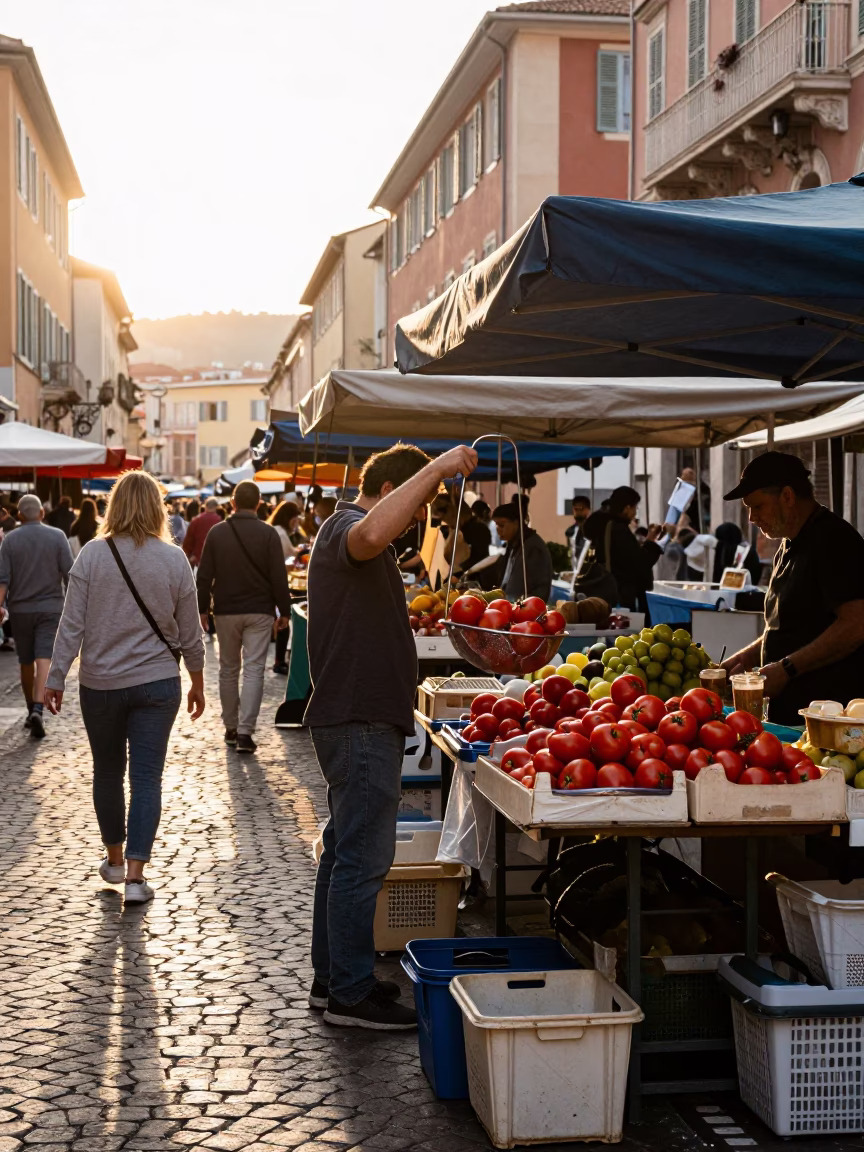 Busy Morning Street Scene in Nice France with Market Stalls and Morning Light in in Nice, France