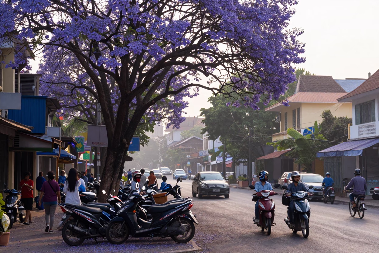 Busy Morning Street Scene in Phnom Penh Cambodia with Jacaranda Tree and Local Traffic in in Phnom Penh, Cambodia
