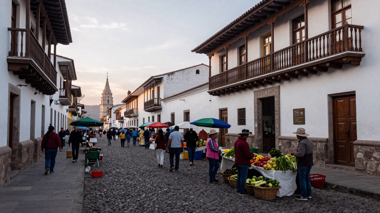 Busy Morning Street Scene in Quito Ecuador Dawn with Local Market Activity in in Quito, Ecuador