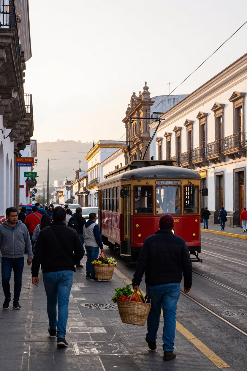 Busy Morning Street Scene in Quito Ecuador with Tram and Local Market Activity in in Quito, Ecuador
