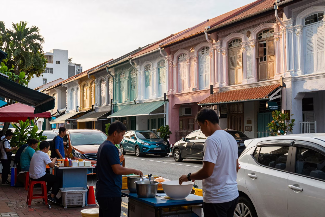 Busy Morning Street Scene in Singapore Just After Sunrise with Local Food and Traffic in in Singapore, Singapore