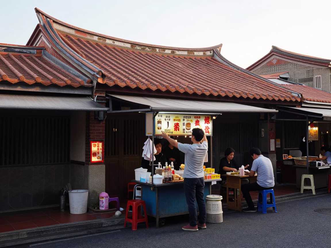 Busy Morning Street Scene in Tainan Taiwan with Local Food Vendor and Morning Light in in Tainan, Taiwan