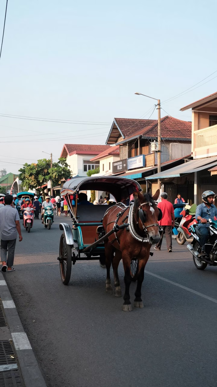 Busy Morning Street Scene in Yogyakarta Indonesia with Horse Cart and Local Life in in Yogyakarta, Indonesia
