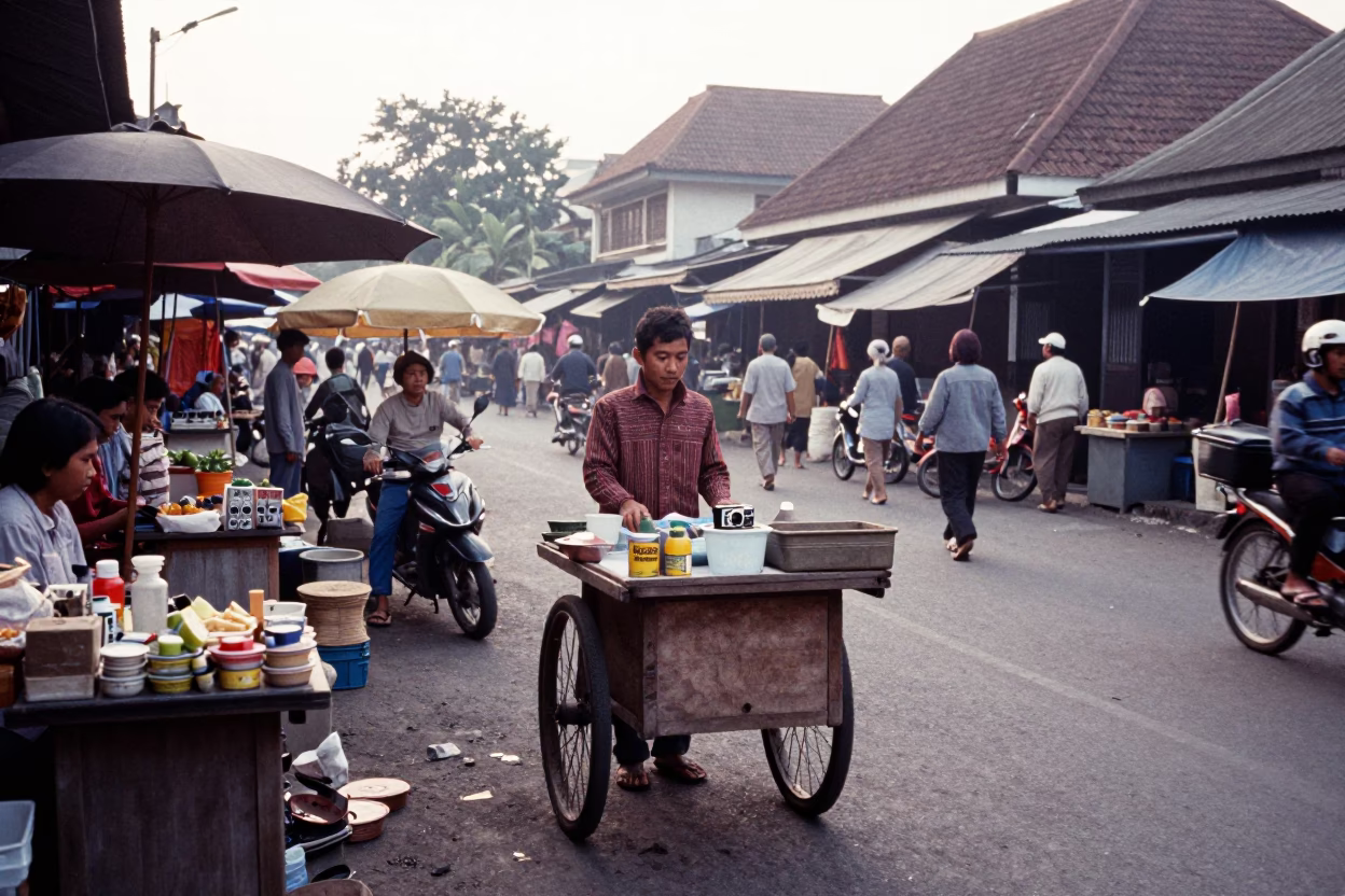 Busy Morning Street Scene in Yogyakarta Indonesia with Local Vendor and Hand Broom in in Yogyakarta, Indonesia