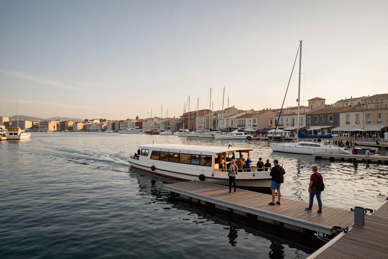 Busy Morning Water Taxi Dock at Marseille Vieux Port Nautical Dawn Light in in Marseille, France