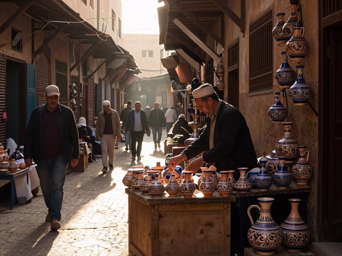 Busy Moroccan Souk Alleyway Late Afternoon with Ceramic Pots and Sunlight in in Fez, Morocco