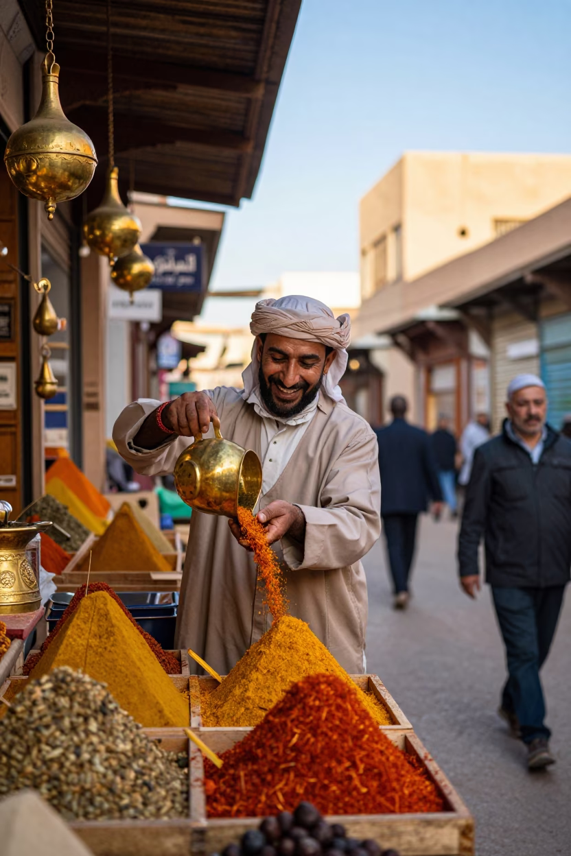 Busy Moroccan Spice Merchant in Fez Souk with Brass Tools and Colander in in Fez, Morocco