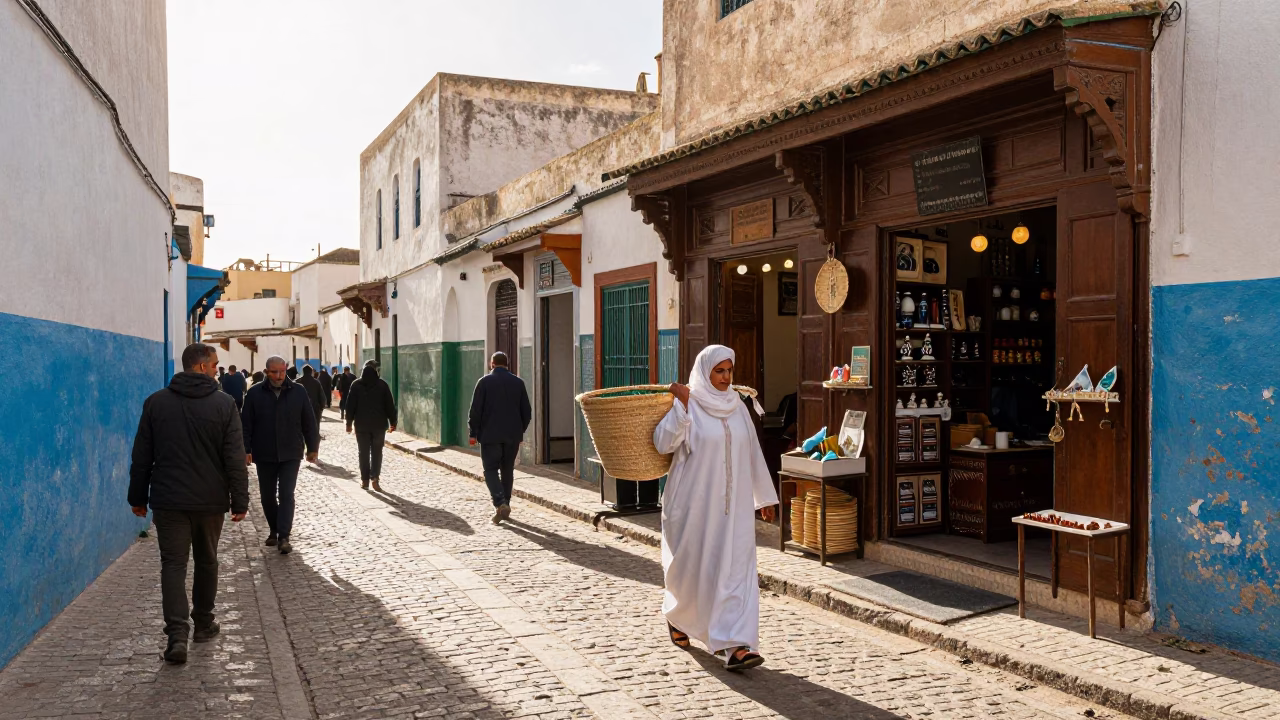 Busy Moroccan Street Scene in Essaouira Late Morning with Local Life and Architecture in in Essaouira, Morocco