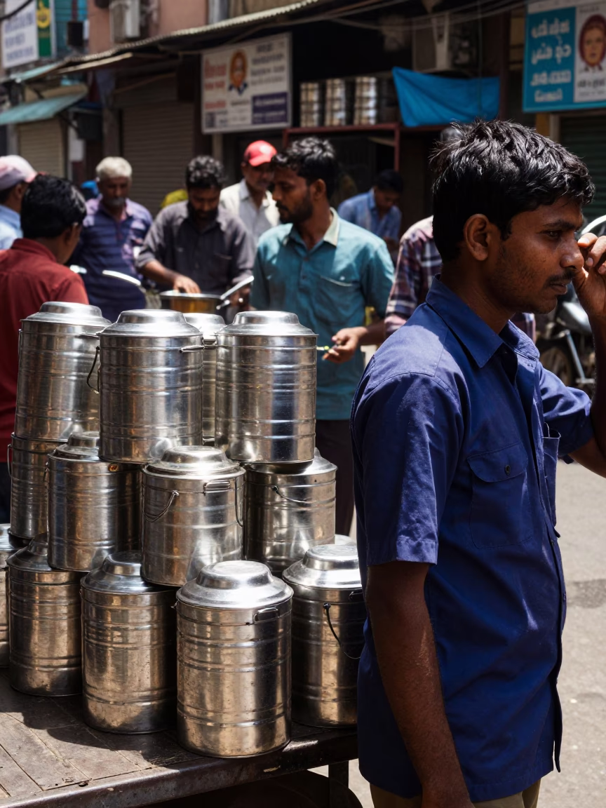 Busy Mumbai Dabbawala Lunch Delivery Scene with Tiffin Tin Under Noon Sun in in Mumbai, India