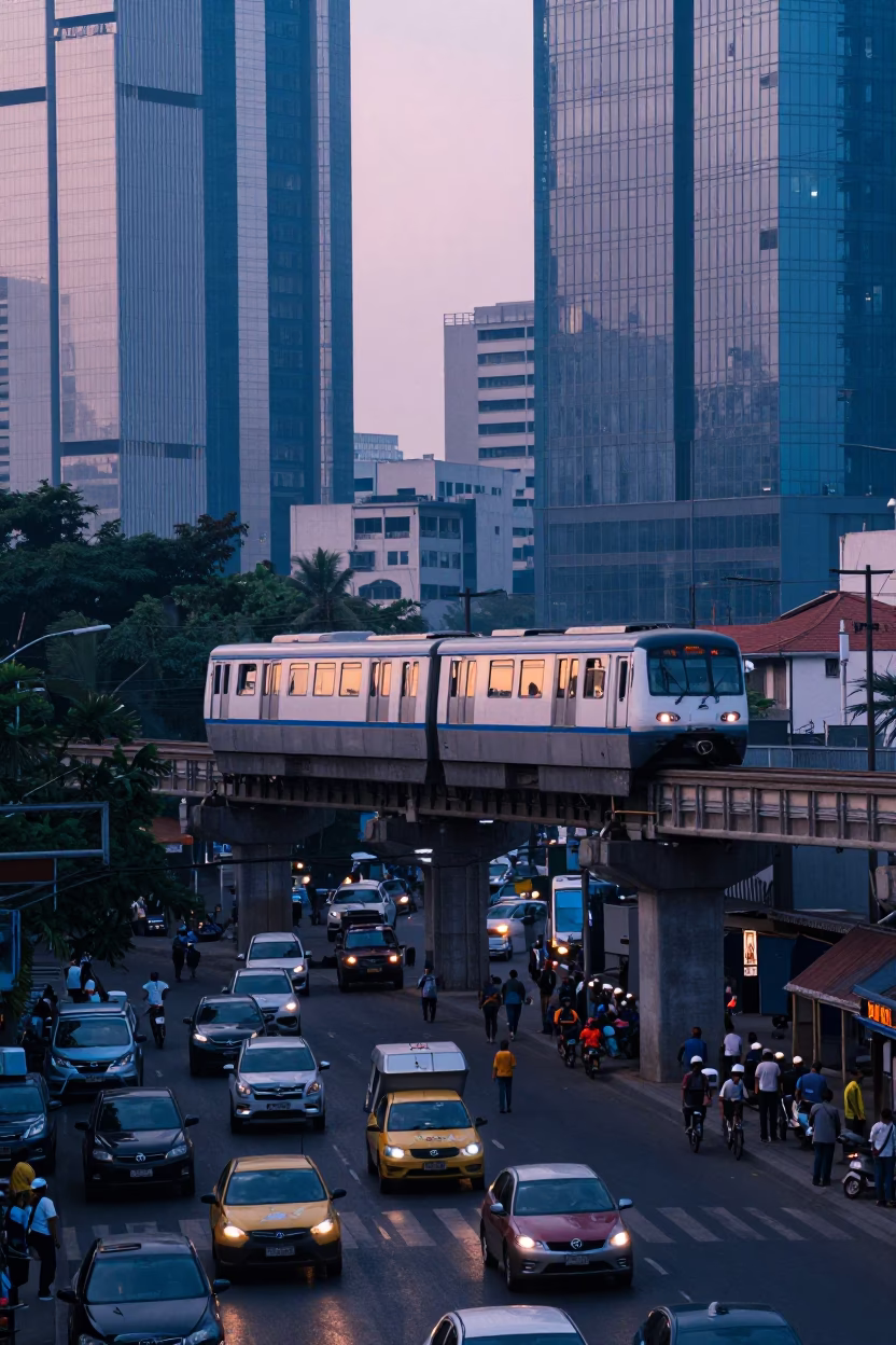 Busy Mumbai Dawn Street Scene with Monorail and Local Commuters in in Mumbai, India