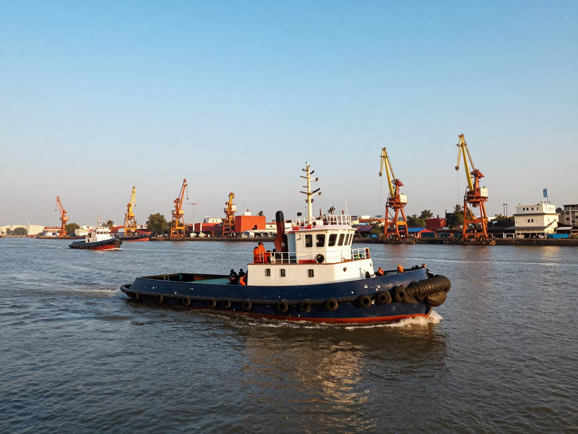 Busy Mumbai Harbor Scene With Tugboat Navigating Through Late Afternoon Sunlight in in Mumbai, India