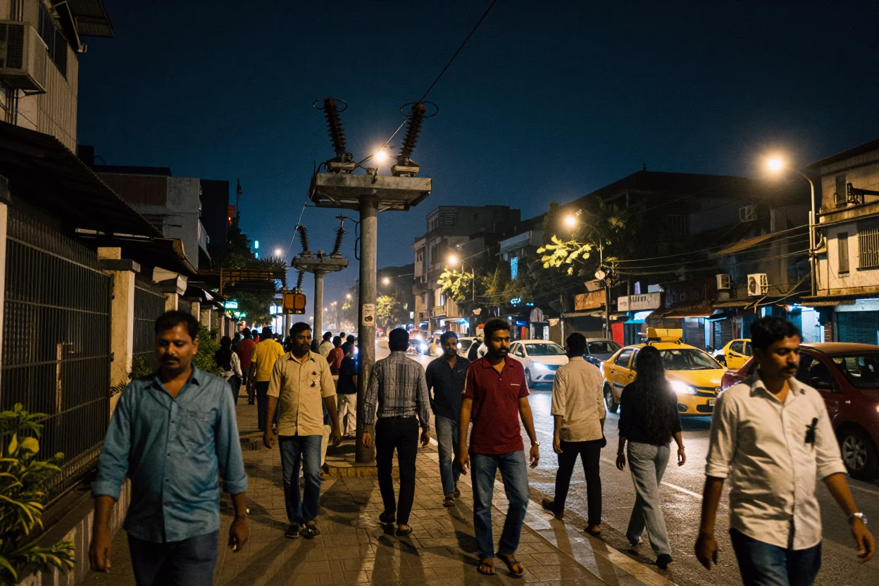 Busy Mumbai Night Street Scene with Substation Insulators and Local Life in in Mumbai, India