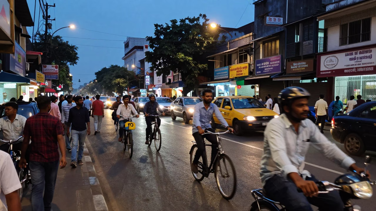 Busy Mumbai Street at Twilight with Cyclist and Local Market Activity in in Mumbai, India