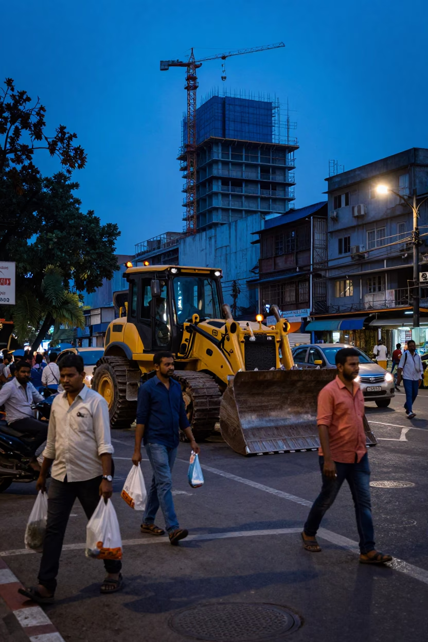 Busy Mumbai Street Corner at Blue Hour with Construction and Daily Life in in Mumbai, India