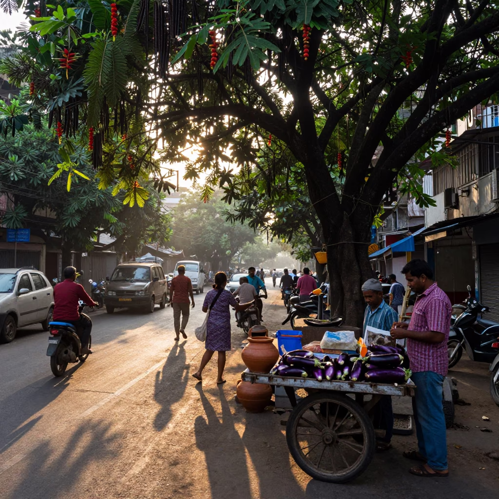 Busy Mumbai Street Corner at Dawn with Heliconia and Local Market Activity in in Mumbai, India